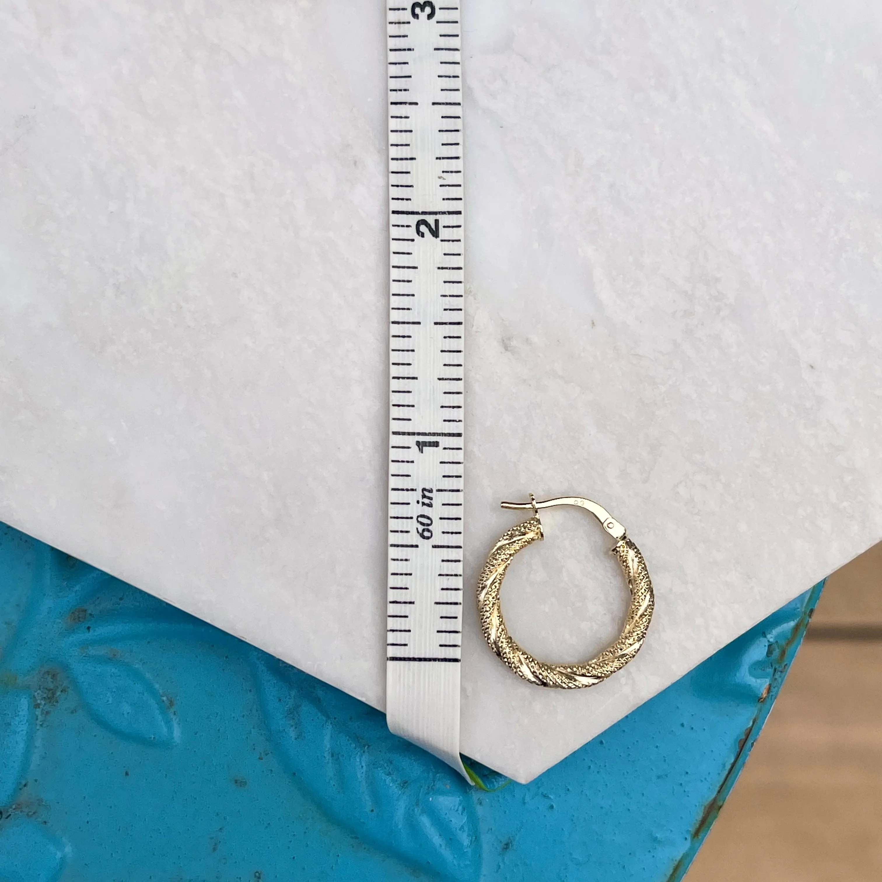 14KT Yellow Gold Twisted   Textured 3mm Tube Hoop Earrings 21mm