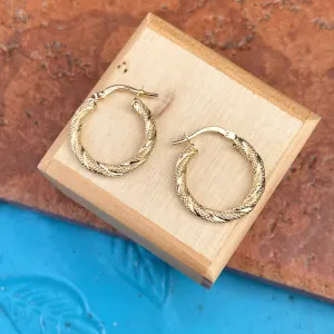 14KT Yellow Gold Twisted   Textured 3mm Tube Hoop Earrings 21mm