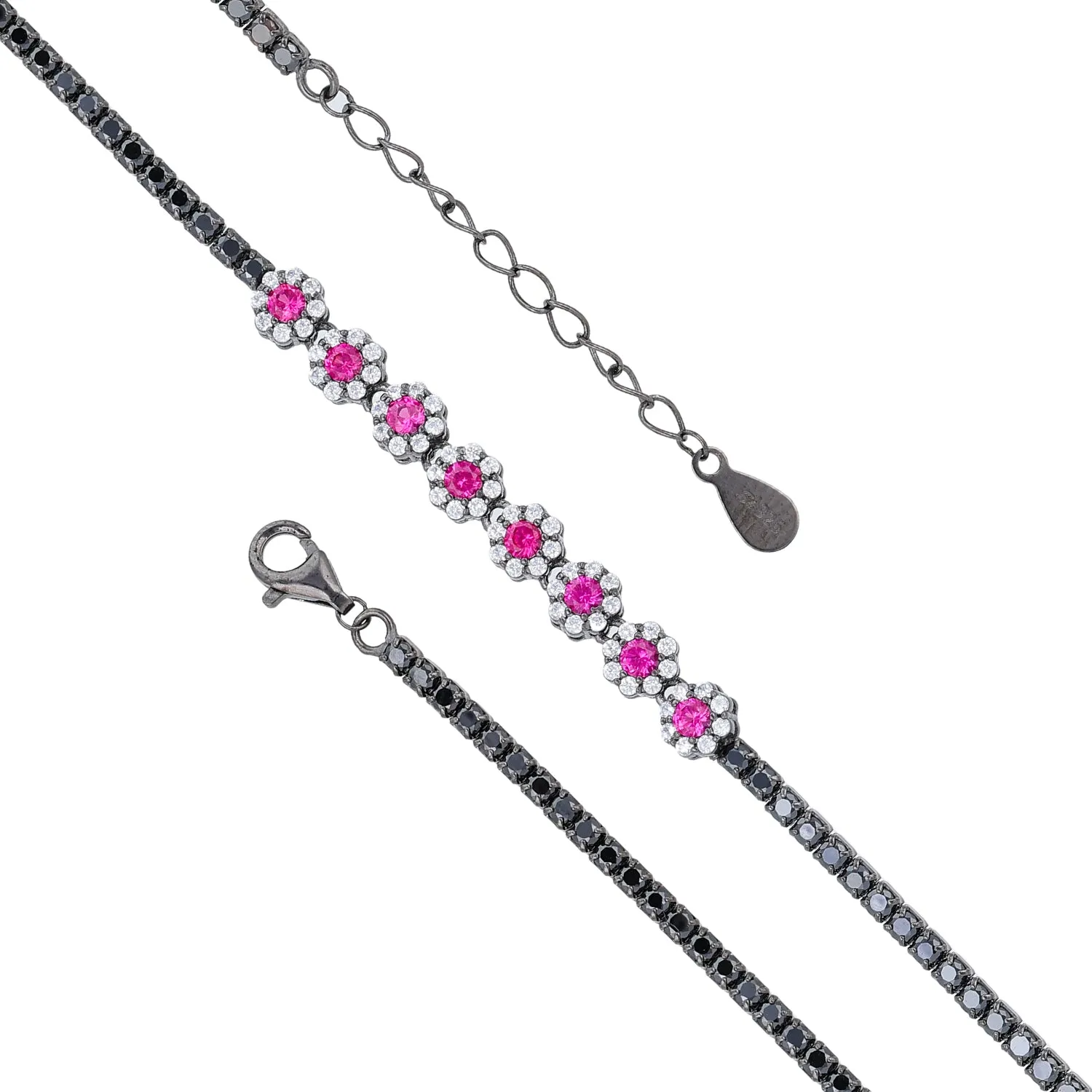 925 Sterling Silver Pink Floral Charm Bracelet for Women