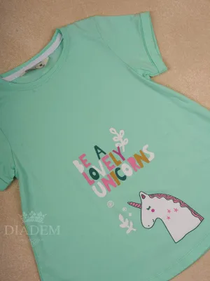Aqua Green Cotton Half Sleeve T-Shirt with Unicorn Designs for Girls