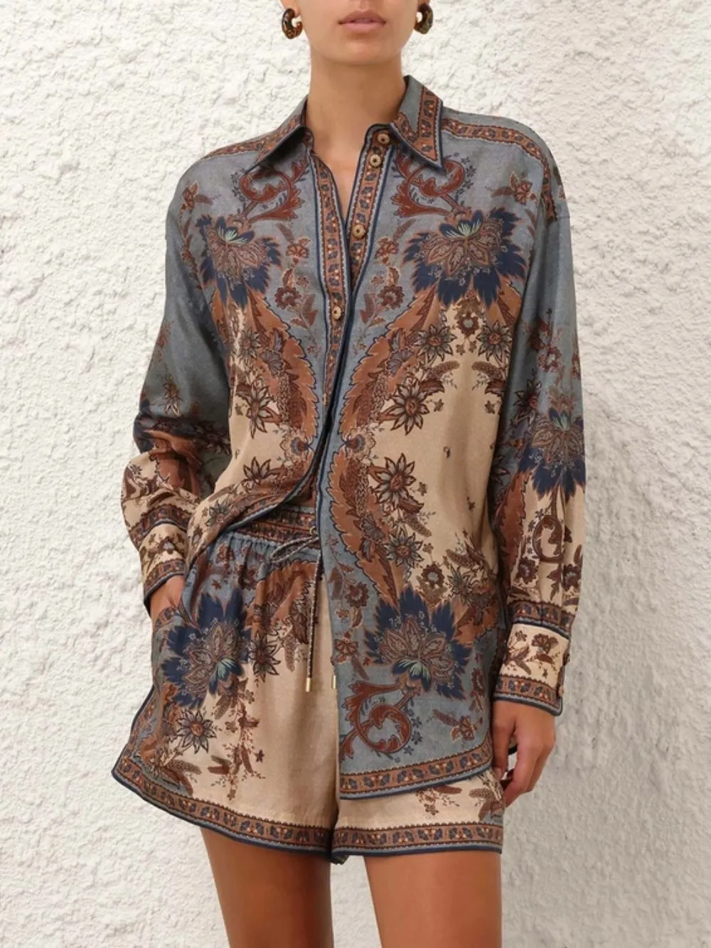 Ascension Blue Cream Indienne Floral Silk Shirt