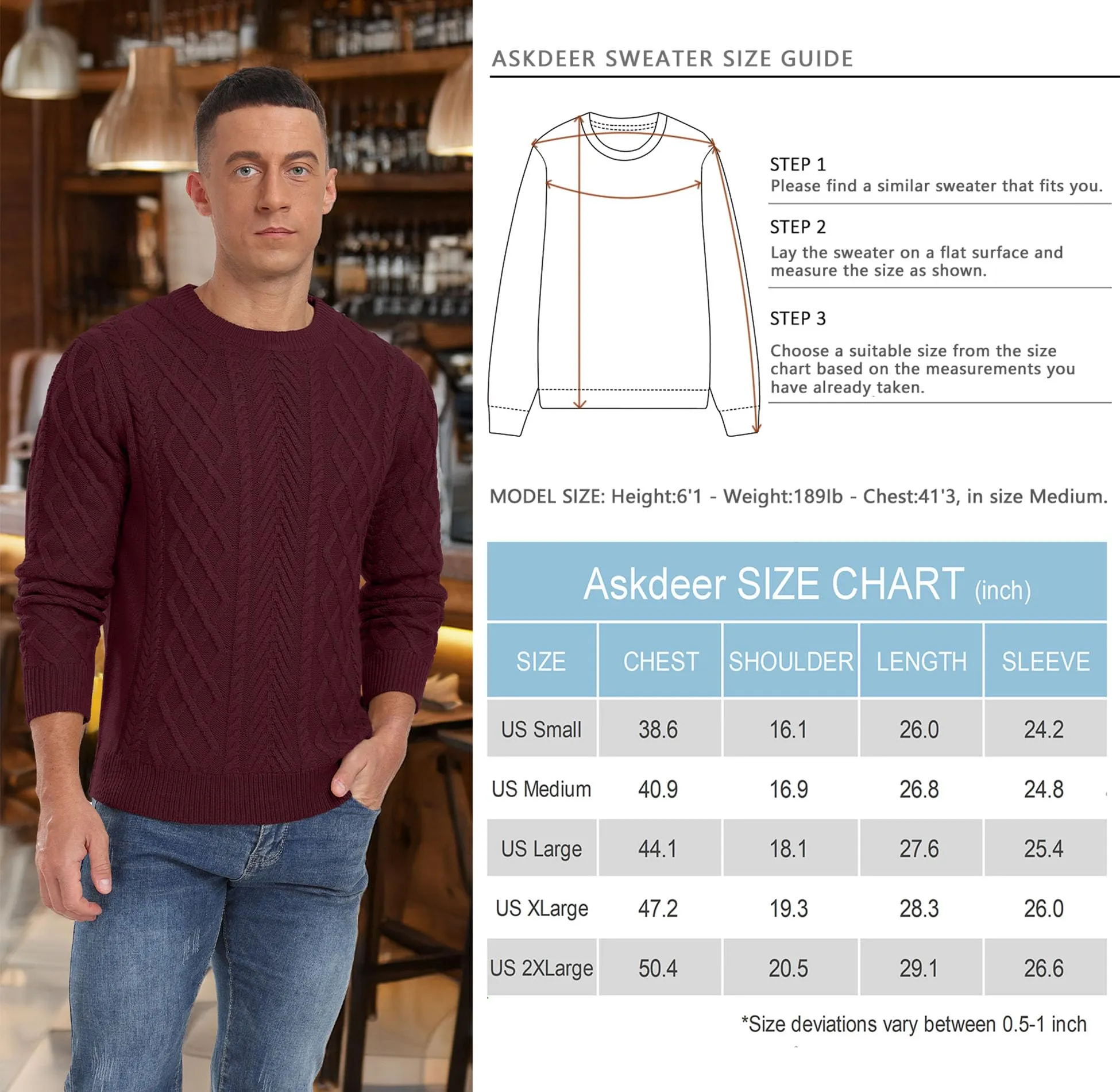 Askdeer Men's Fisherman Textured Pullover Sweater Casual Long Sleeve Crewneck Sweater Classic Soft Knitted Sweaters
