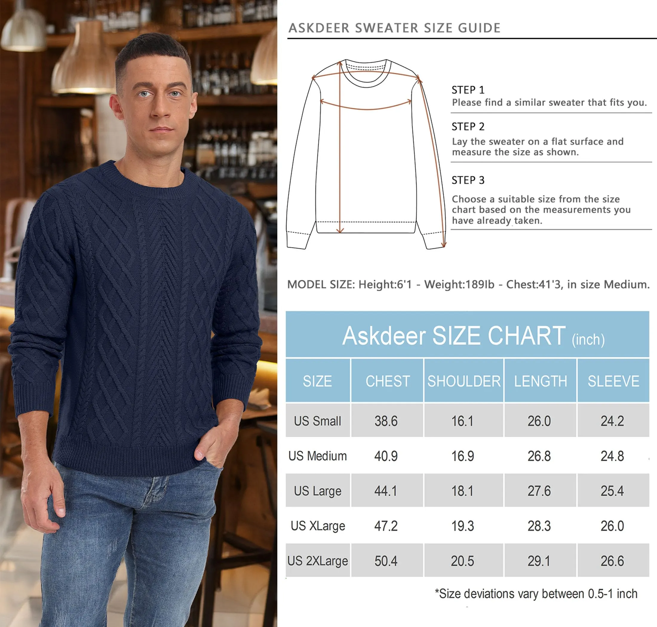Askdeer Men's Fisherman Textured Pullover Sweater Casual Long Sleeve Crewneck Sweater Classic Soft Knitted Sweaters