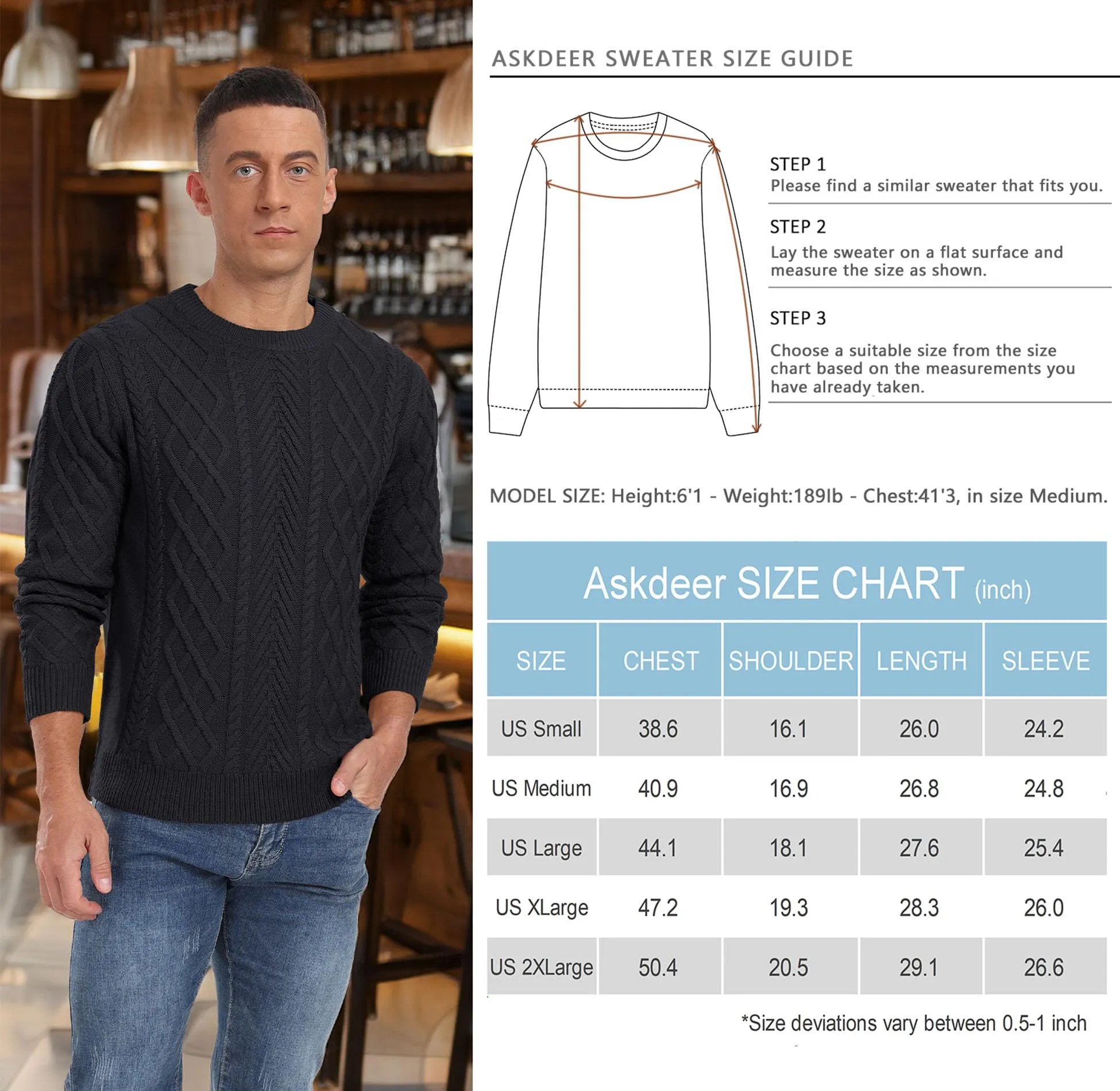 Askdeer Men's Fisherman Textured Pullover Sweater Casual Long Sleeve Crewneck Sweater Classic Soft Knitted Sweaters