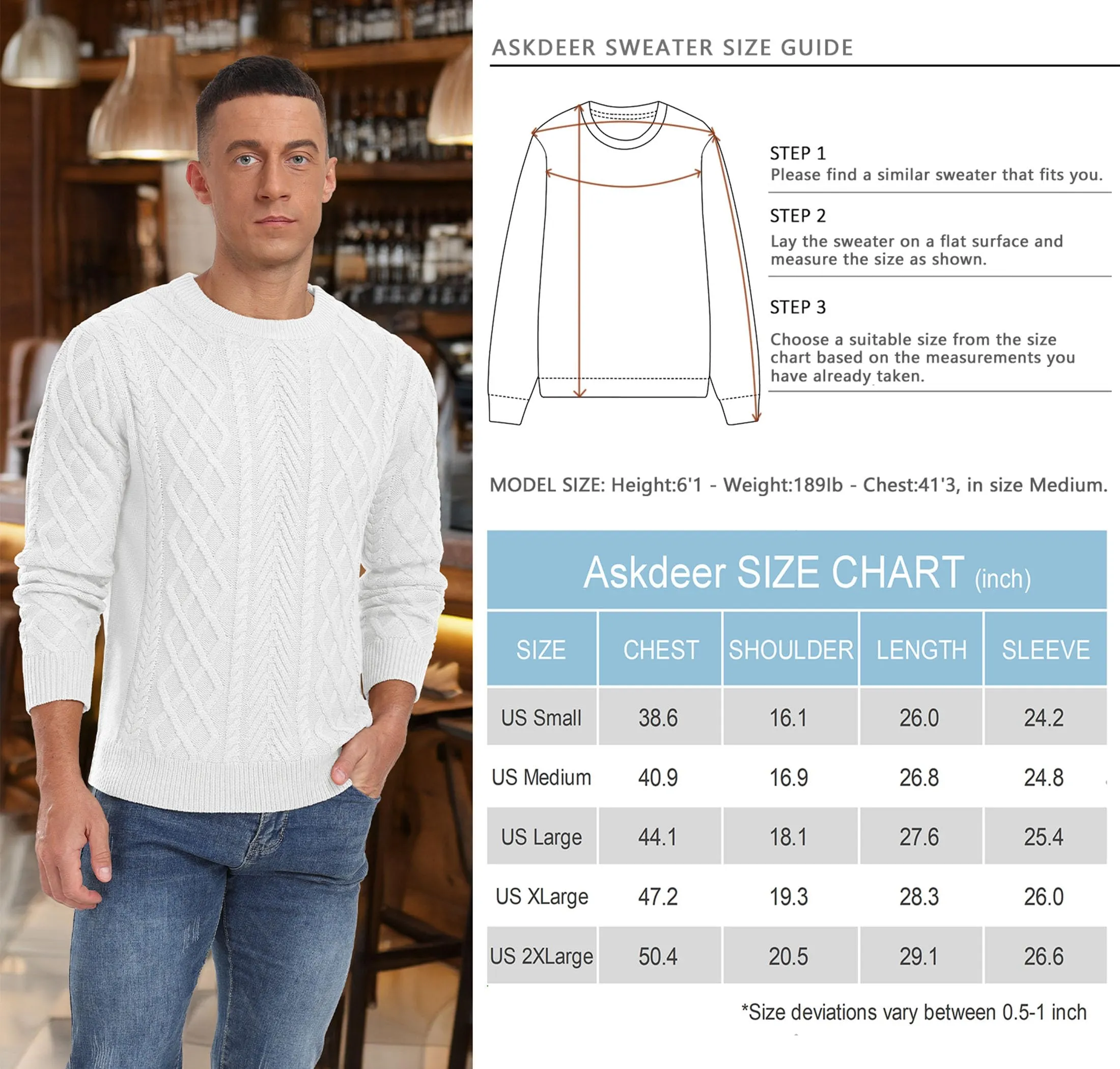 Askdeer Men's Fisherman Textured Pullover Sweater Casual Long Sleeve Crewneck Sweater Classic Soft Knitted Sweaters