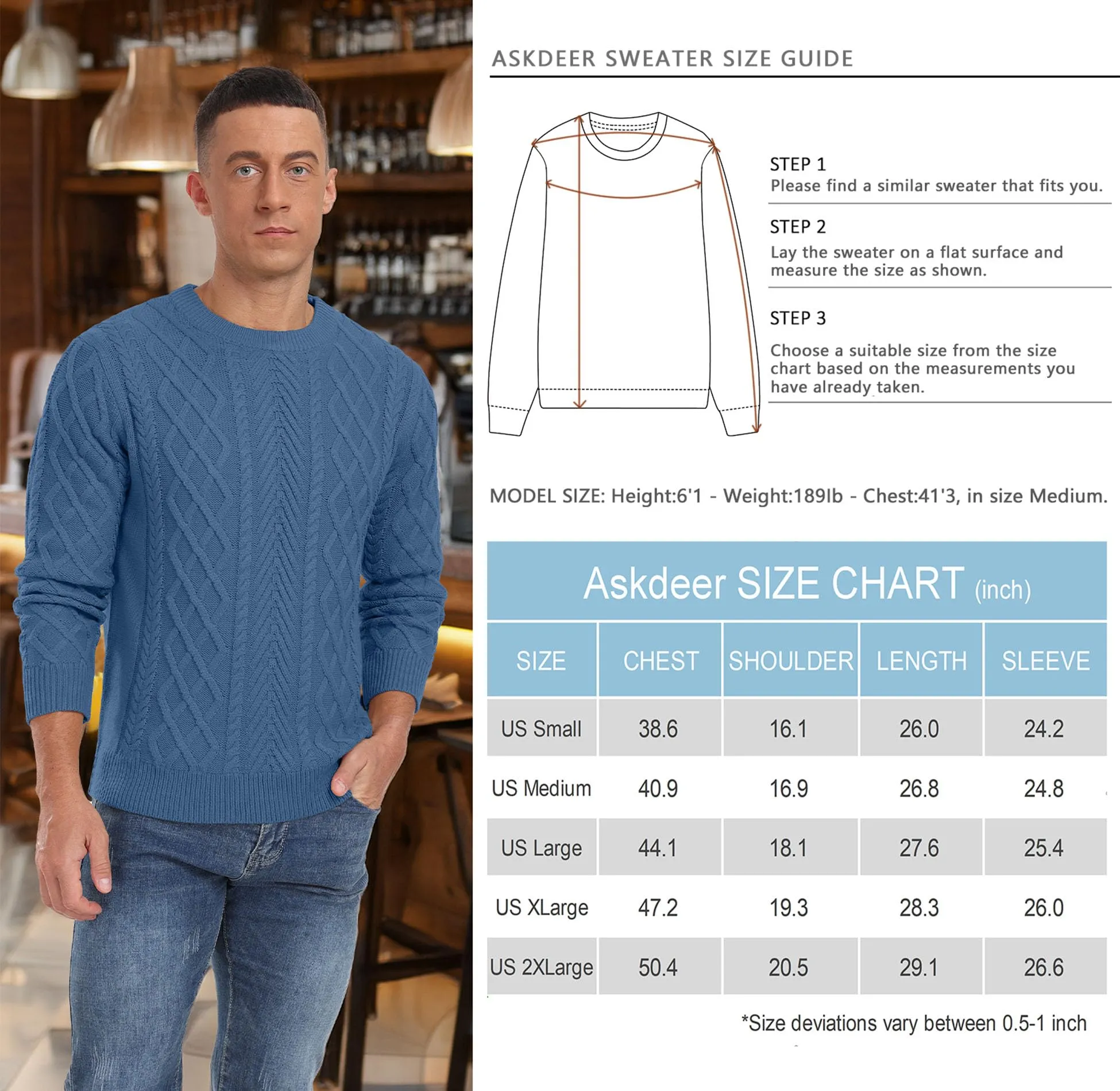 Askdeer Men's Fisherman Textured Pullover Sweater Casual Long Sleeve Crewneck Sweater Classic Soft Knitted Sweaters