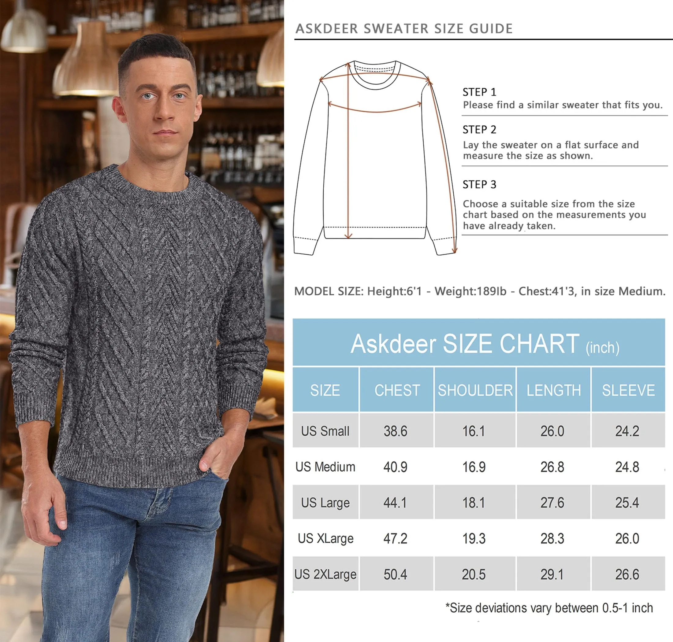 Askdeer Men's Fisherman Textured Pullover Sweater Casual Long Sleeve Crewneck Sweater Classic Soft Knitted Sweaters
