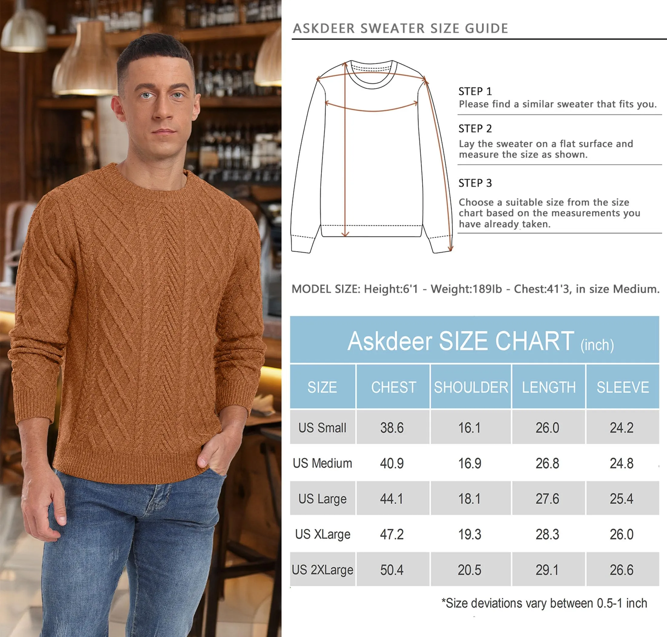 Askdeer Men's Fisherman Textured Pullover Sweater Casual Long Sleeve Crewneck Sweater Classic Soft Knitted Sweaters