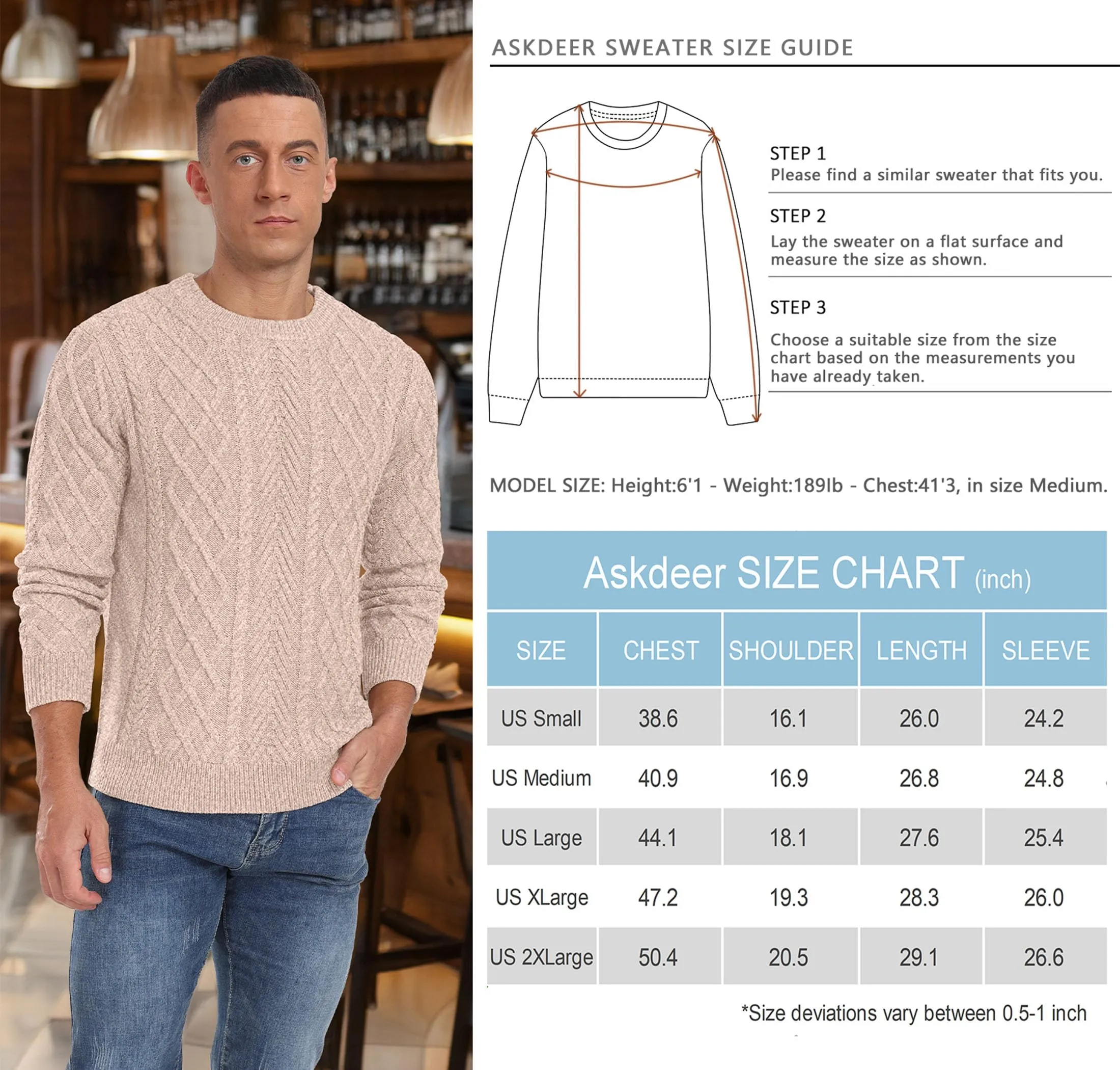 Askdeer Men's Fisherman Textured Pullover Sweater Casual Long Sleeve Crewneck Sweater Classic Soft Knitted Sweaters