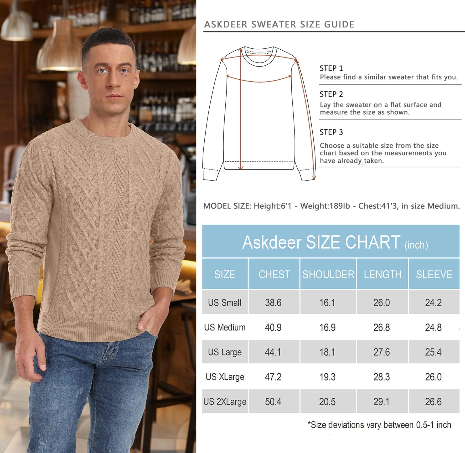Askdeer Men's Fisherman Textured Pullover Sweater Casual Long Sleeve Crewneck Sweater Classic Soft Knitted Sweaters