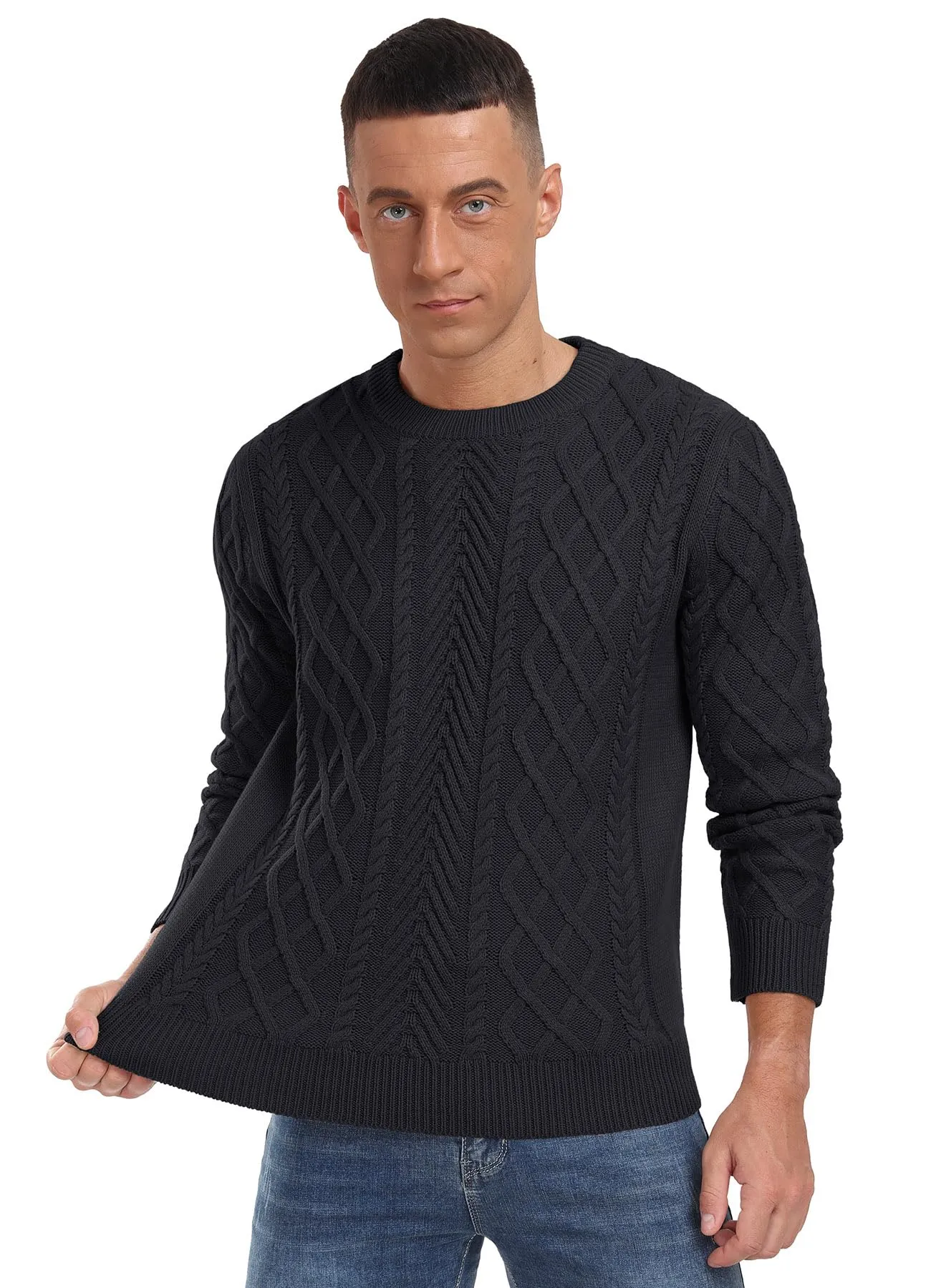Askdeer Men's Fisherman Textured Pullover Sweater Casual Long Sleeve Crewneck Sweater Classic Soft Knitted Sweaters