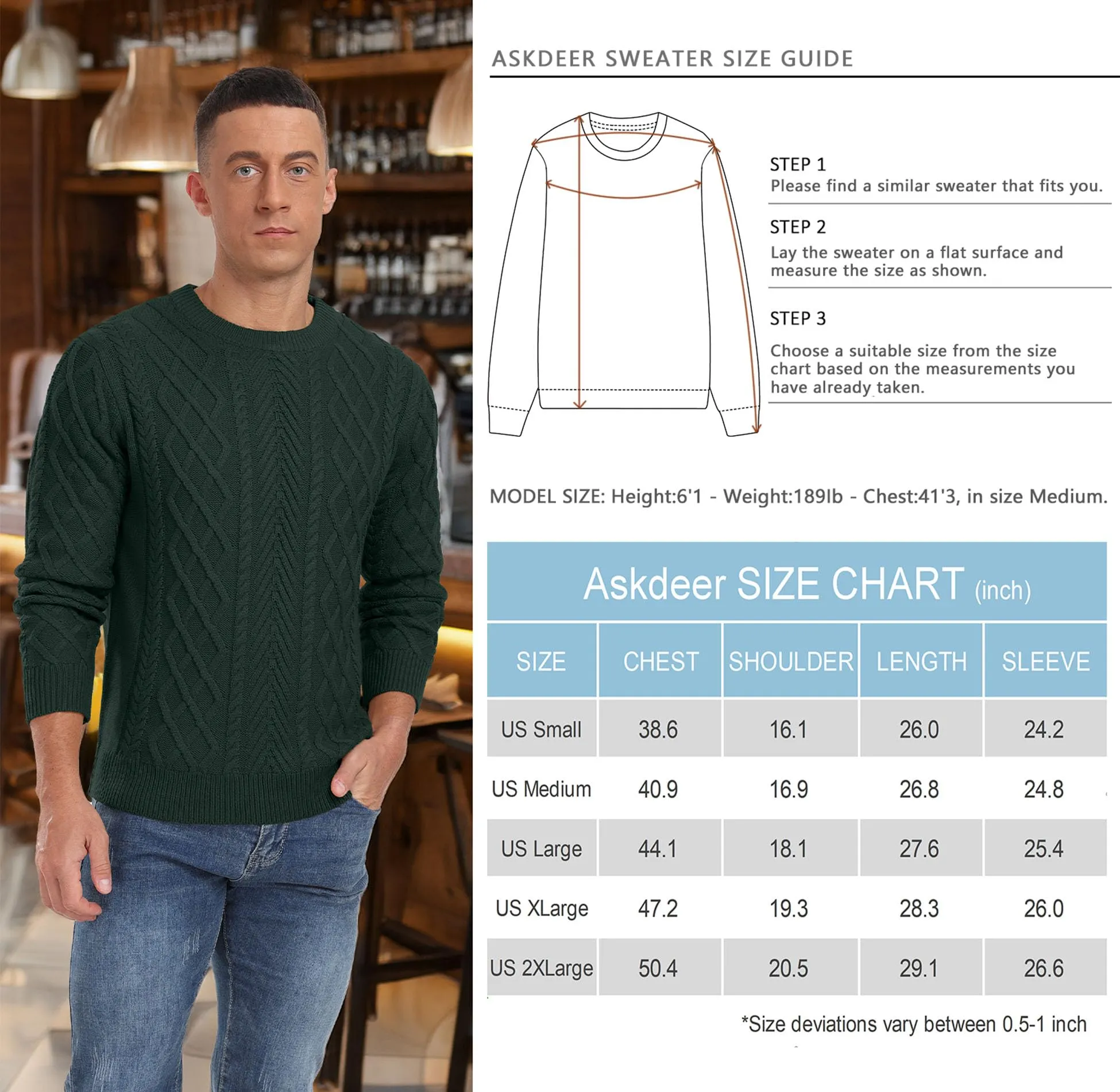 Askdeer Men's Fisherman Textured Pullover Sweater Casual Long Sleeve Crewneck Sweater Classic Soft Knitted Sweaters