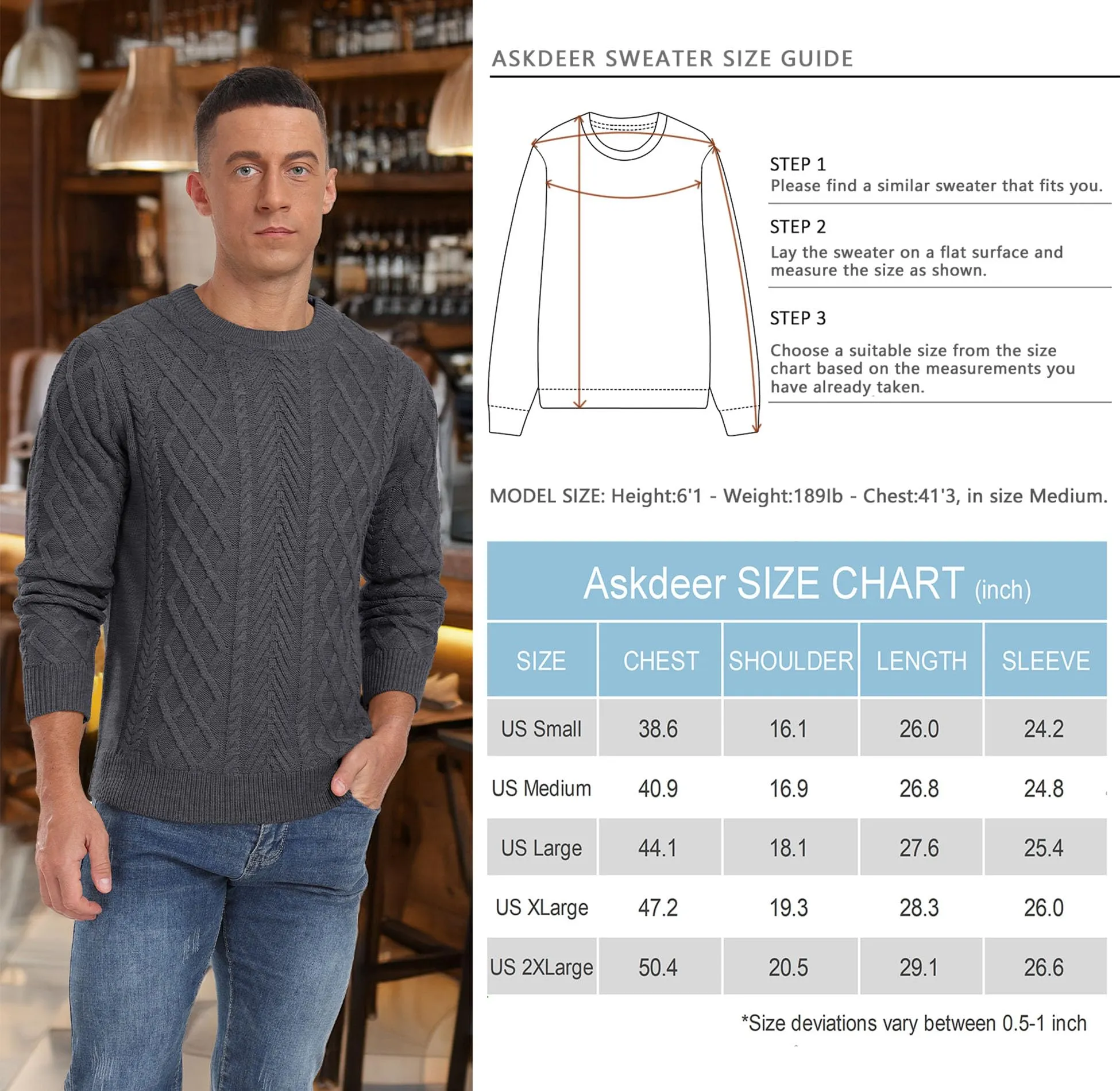 Askdeer Men's Fisherman Textured Pullover Sweater Casual Long Sleeve Crewneck Sweater Classic Soft Knitted Sweaters