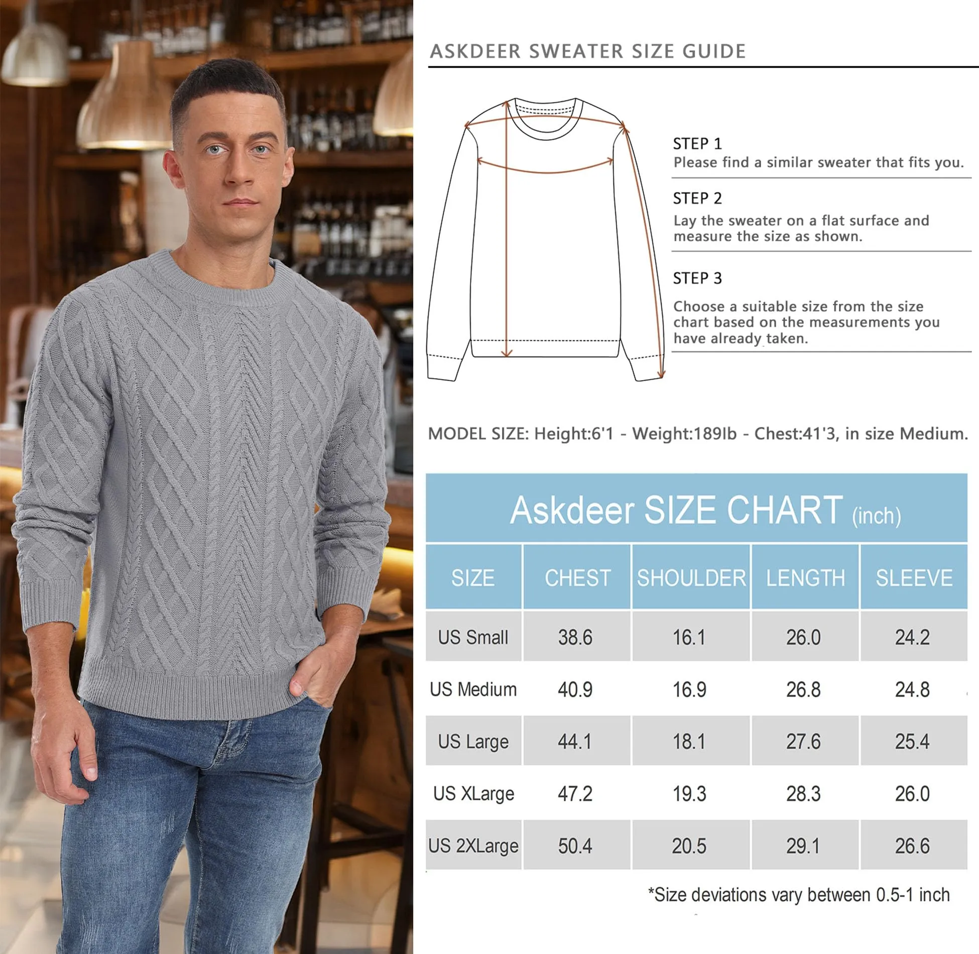 Askdeer Men's Fisherman Textured Pullover Sweater Casual Long Sleeve Crewneck Sweater Classic Soft Knitted Sweaters