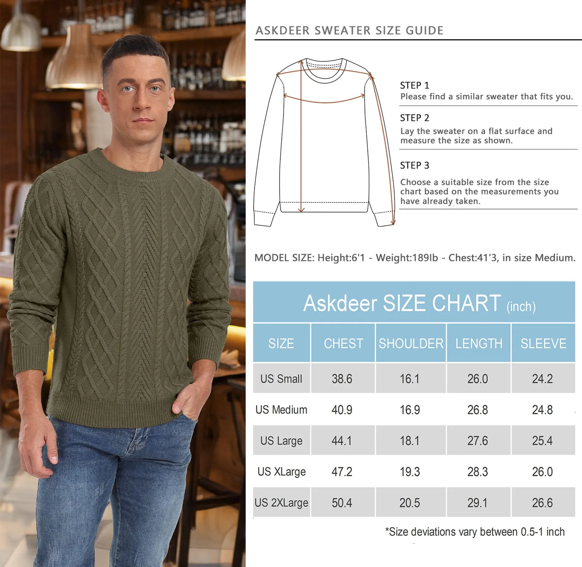 Askdeer Men's Fisherman Textured Pullover Sweater Casual Long Sleeve Crewneck Sweater Classic Soft Knitted Sweaters