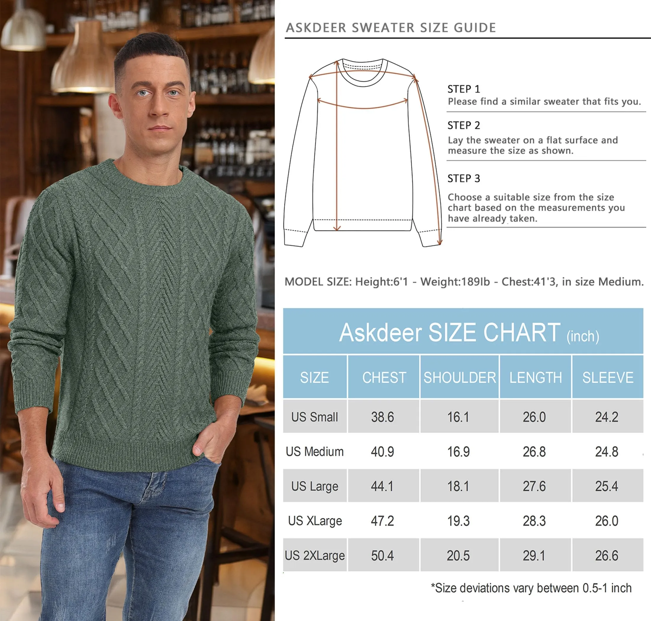 Askdeer Men's Fisherman Textured Pullover Sweater Casual Long Sleeve Crewneck Sweater Classic Soft Knitted Sweaters