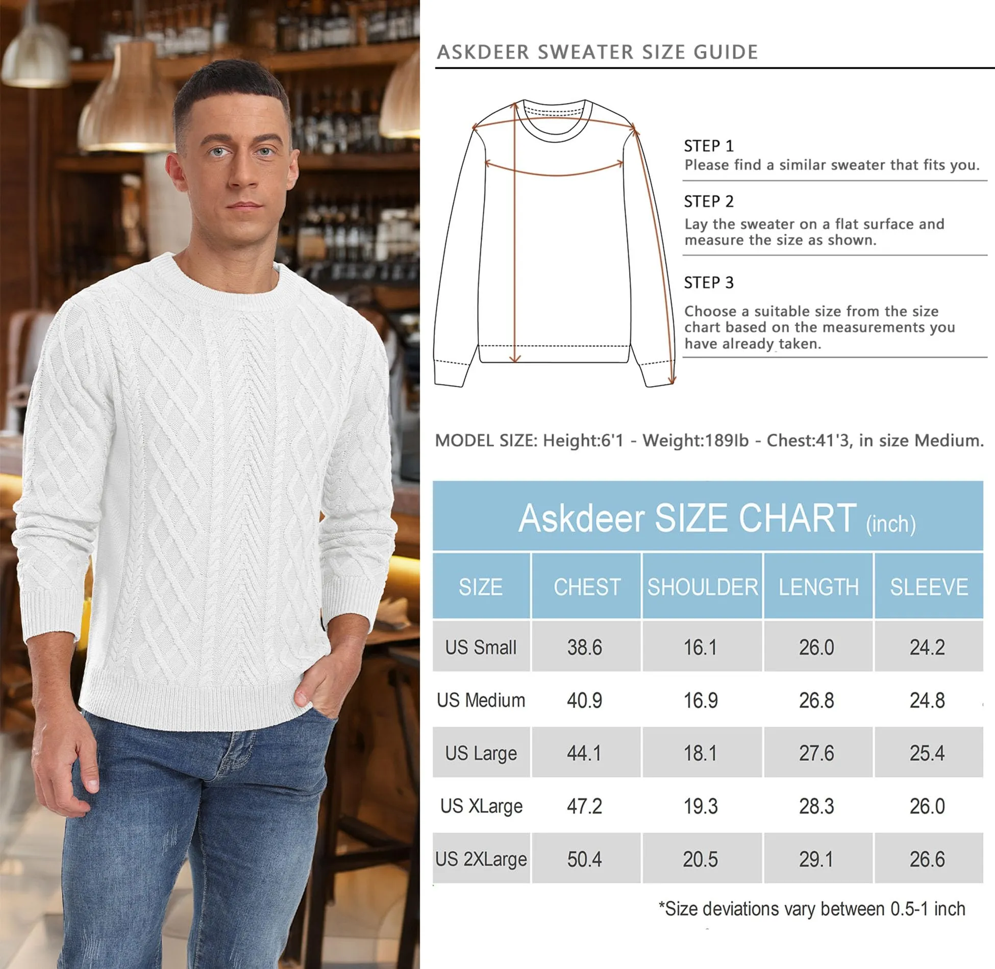 Askdeer Men's Fisherman Textured Pullover Sweater Casual Long Sleeve Crewneck Sweater Classic Soft Knitted Sweaters