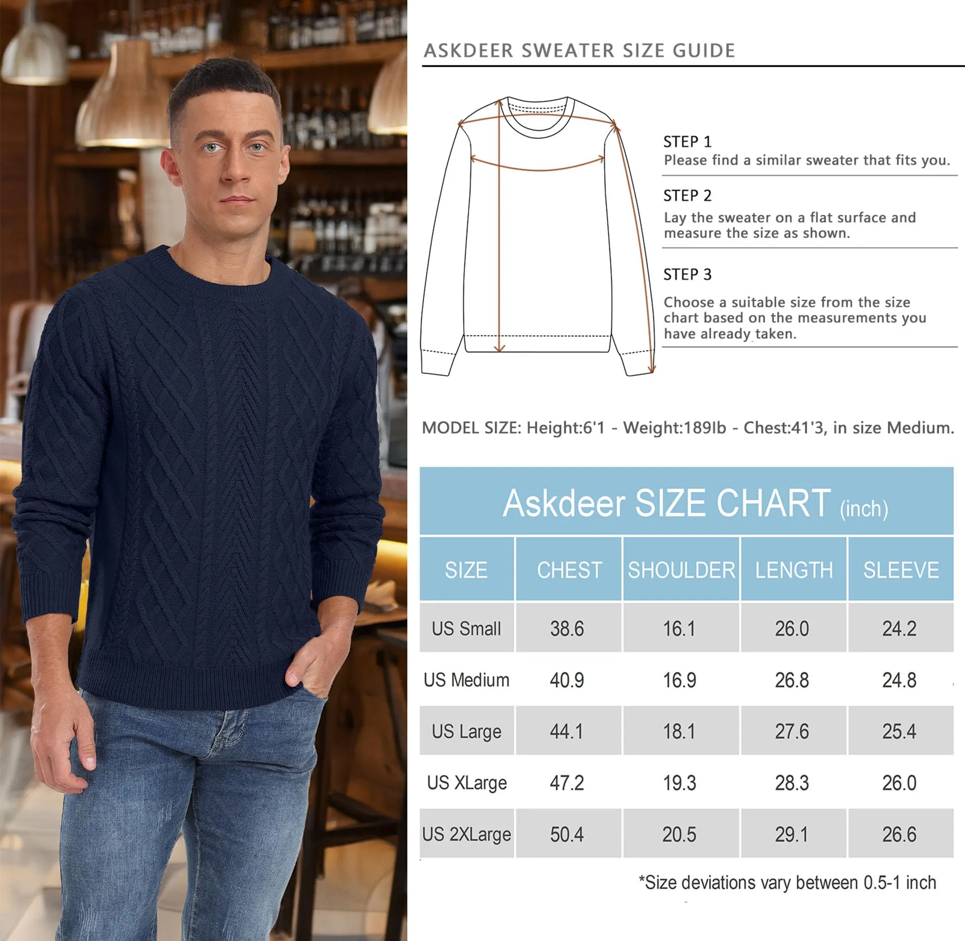 Askdeer Men's Fisherman Textured Pullover Sweater Casual Long Sleeve Crewneck Sweater Classic Soft Knitted Sweaters
