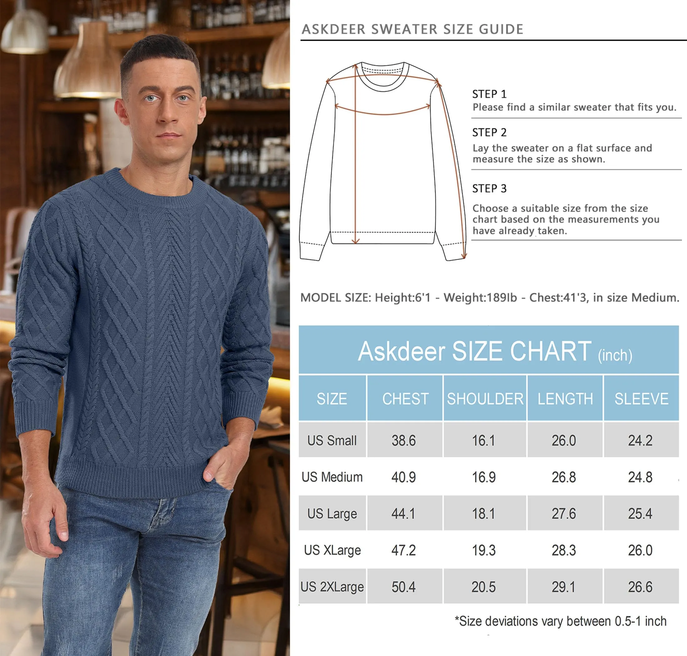 Askdeer Men's Fisherman Textured Pullover Sweater Casual Long Sleeve Crewneck Sweater Classic Soft Knitted Sweaters
