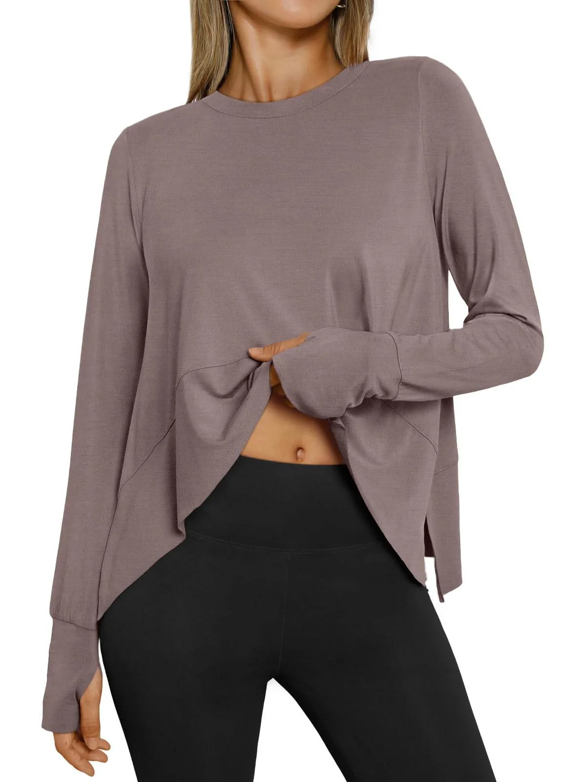 AUTOMET Workout Tops for Women Long Sleeve Athletic Crop Top Yoga Shirts 2024 Fall Trendy Gym Teen Clothes Work Out Hiking Running Cute Outfits Coffee Grey L