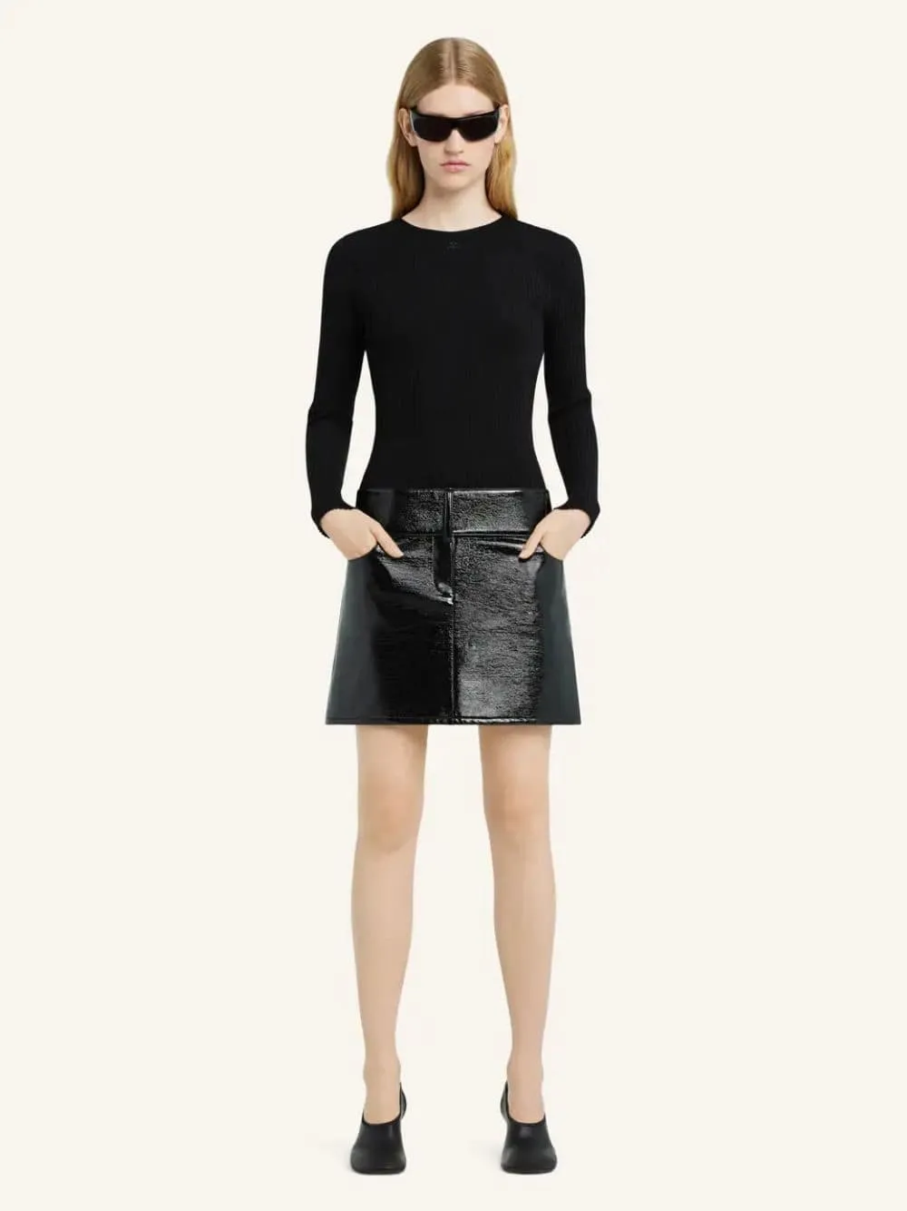 Black Belted Vinyl Mini Skirt