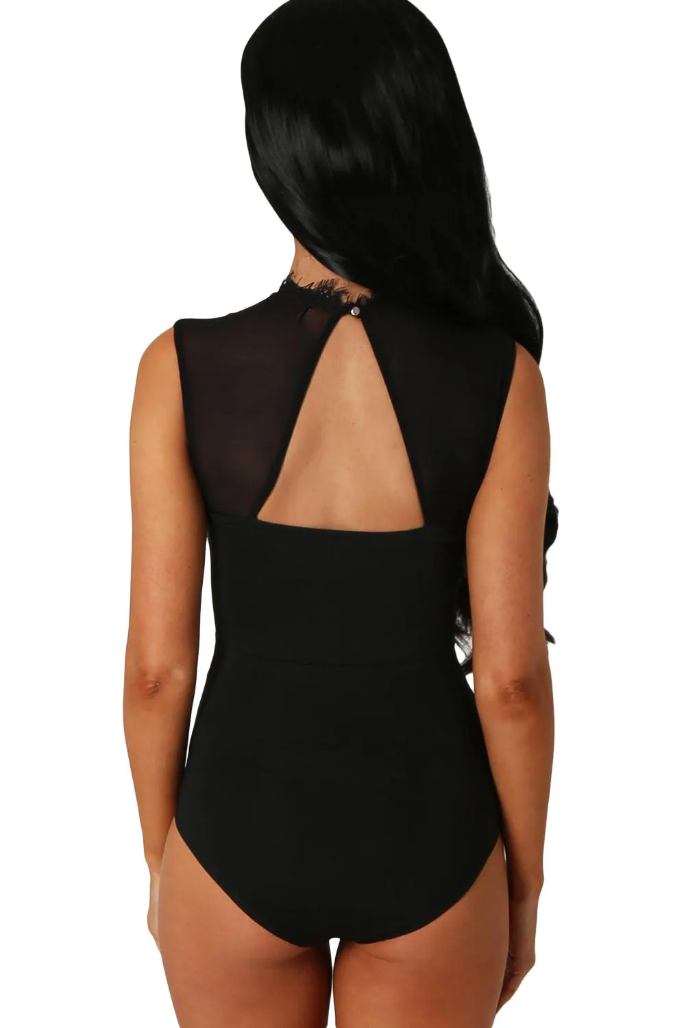 Black Lace High Neck Cut Out Back Bodysuit