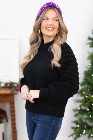 Black Textured Sleeve Round Neck Sweater