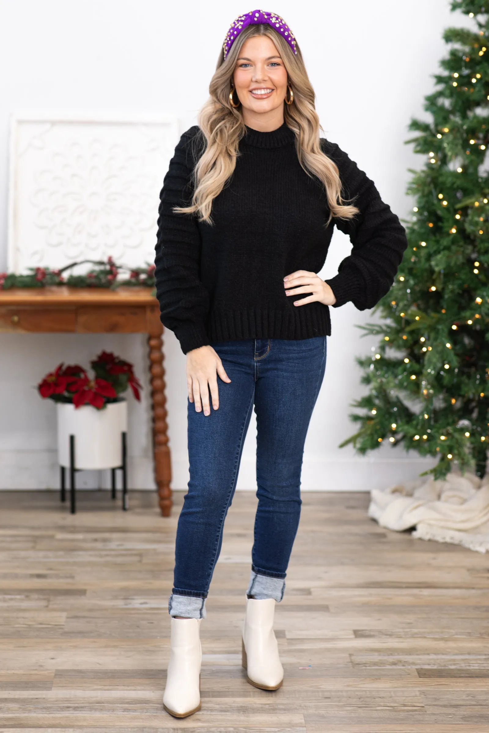 Black Textured Sleeve Round Neck Sweater