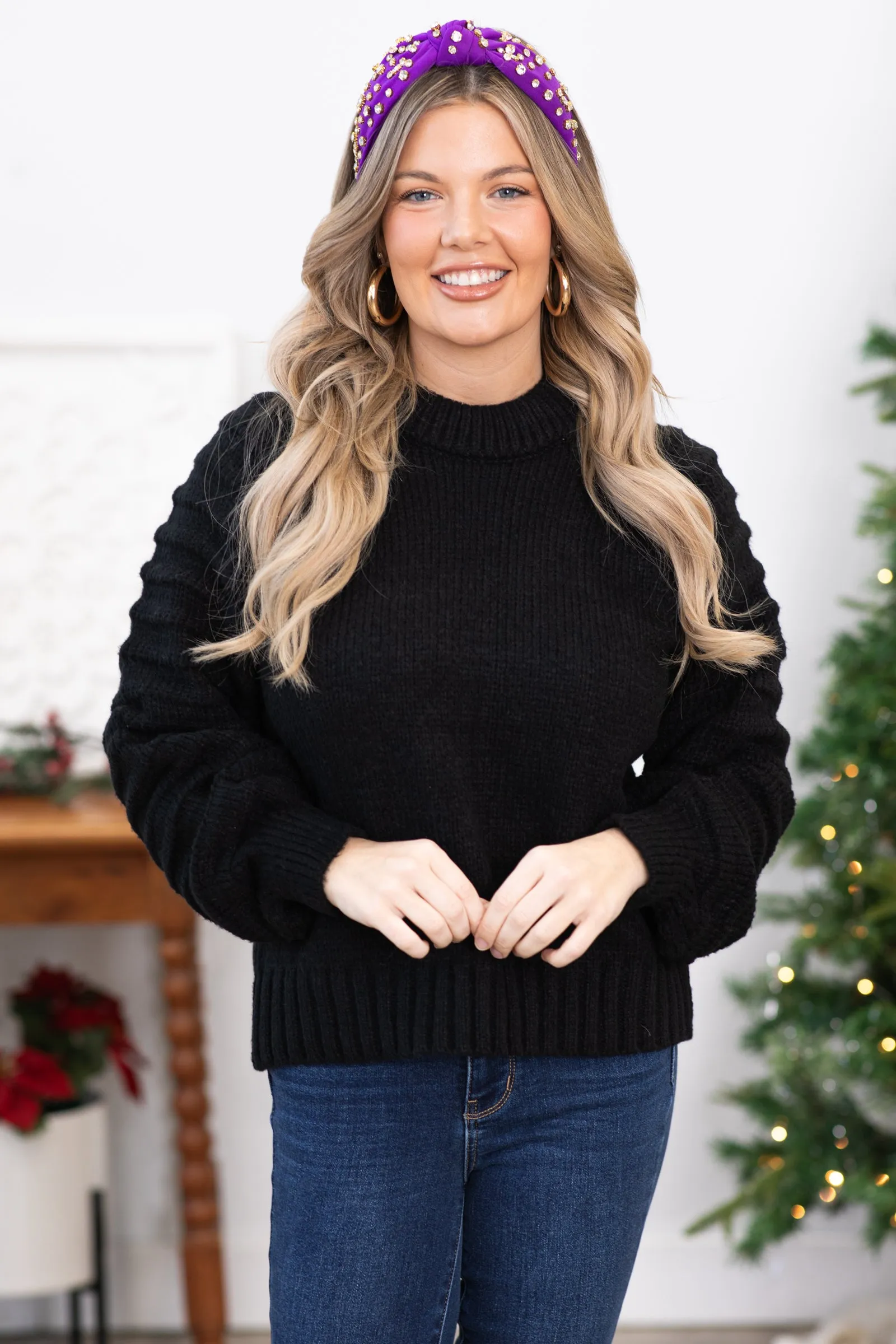 Black Textured Sleeve Round Neck Sweater