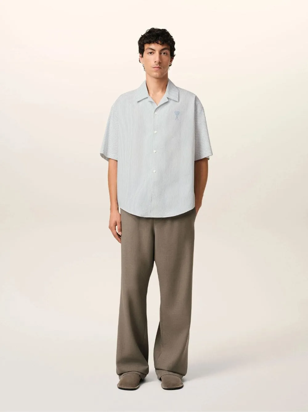 Blue Cotton Camp Collar Short Sleeve Shirt
