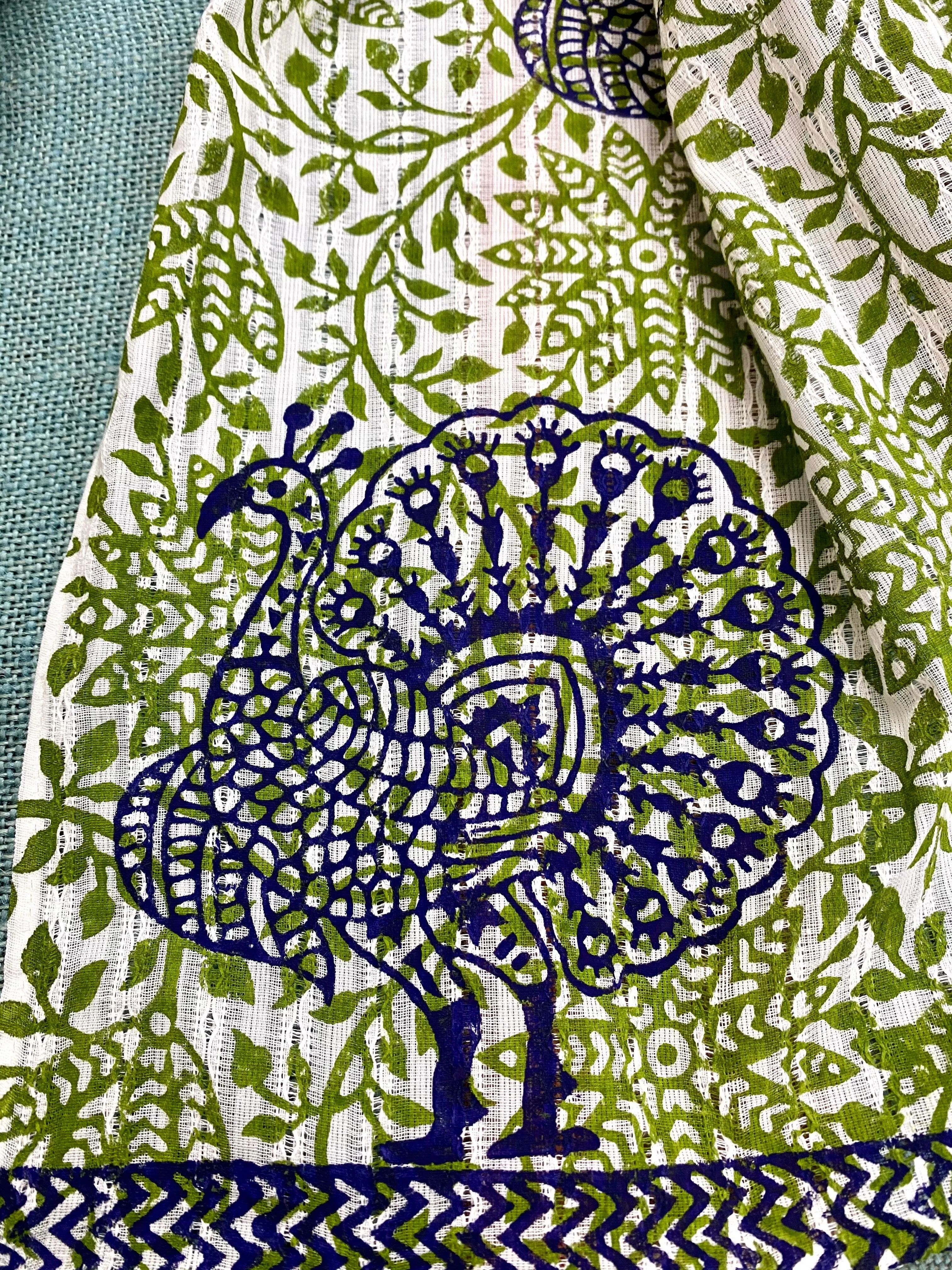 Blue Peacock Dance Block Printed on Cotton Scarf