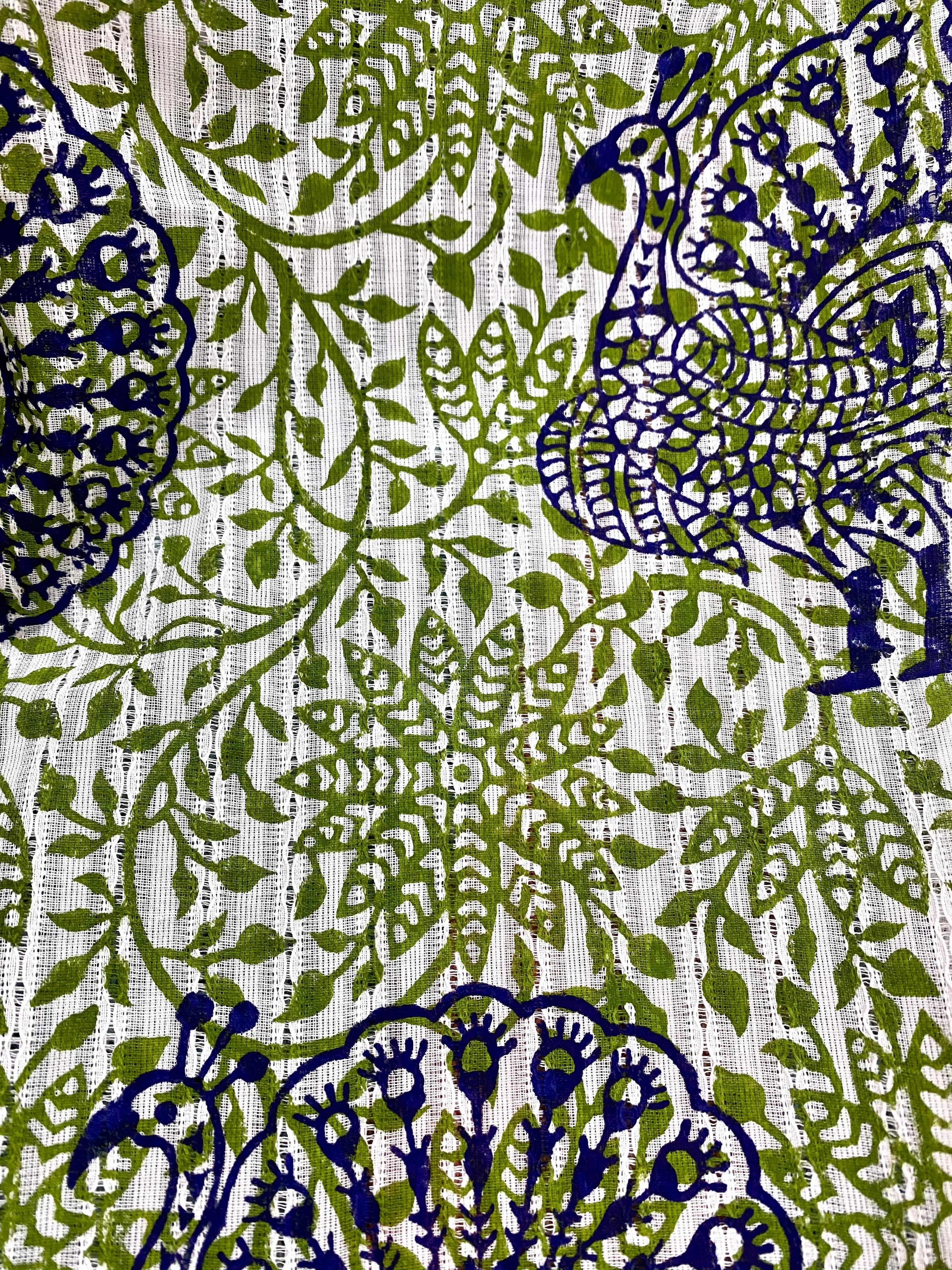 Blue Peacock Dance Block Printed on Cotton Scarf