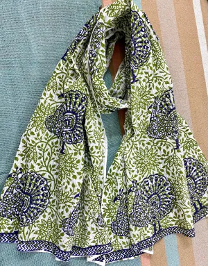 Blue Peacock Dance Block Printed on Cotton Scarf
