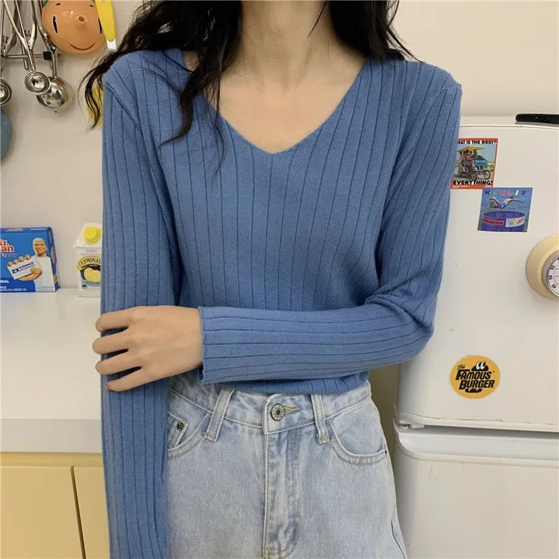 Blue Plunge Neck Flat Knit Top