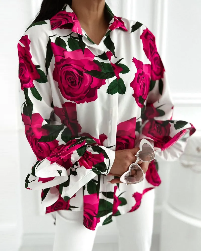Bold Floral Rose Print Long-Sleeved Button-Up Shirt