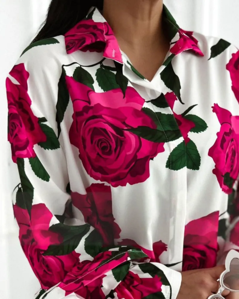 Bold Floral Rose Print Long-Sleeved Button-Up Shirt