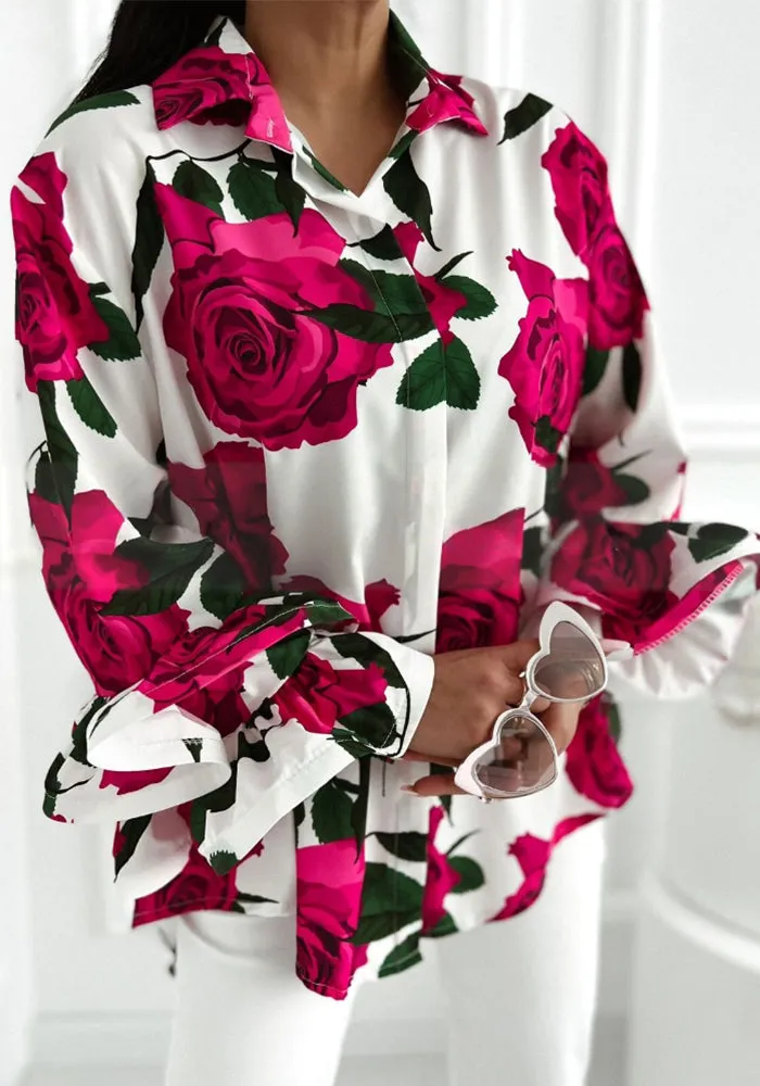 Bold Floral Rose Print Long-Sleeved Button-Up Shirt