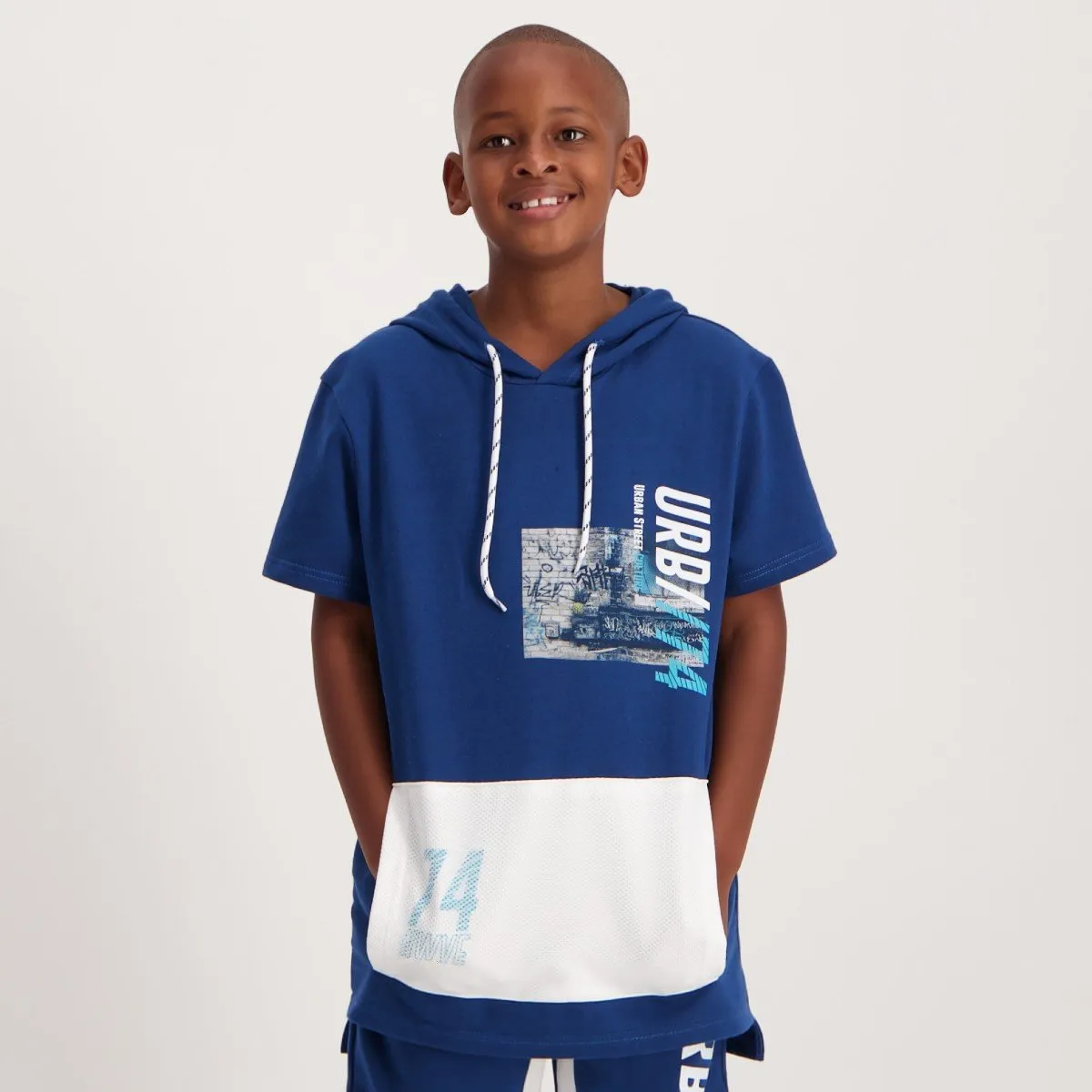 Boys Short Sleeve Fleece Hi-Lo Hoodie - Navy