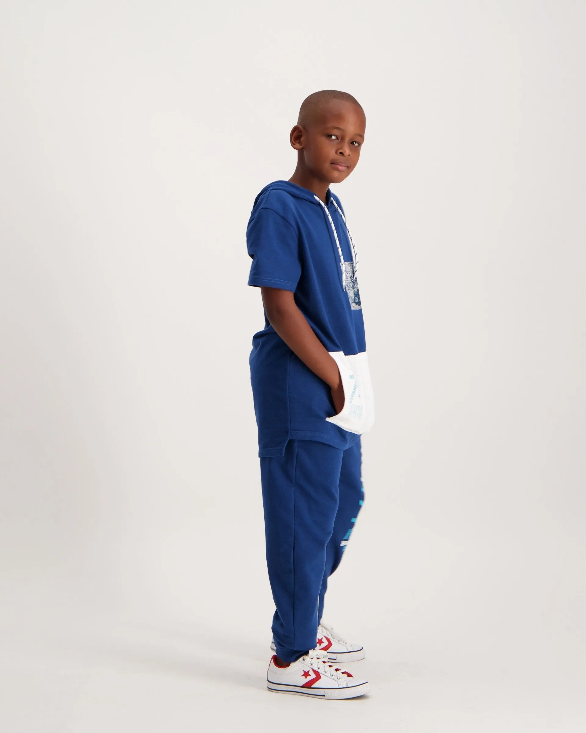 Boys Short Sleeve Fleece Hi-Lo Hoodie - Navy