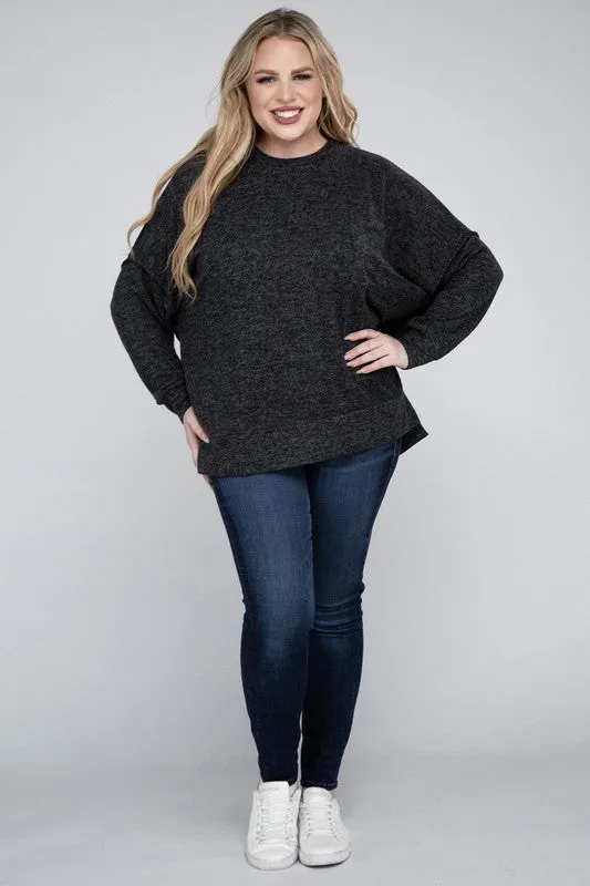 Brushed Melange Drop Shoulder Sweater, Various Colors, Zenana (Plus only)