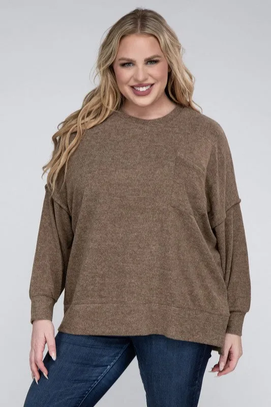 Brushed Melange Drop Shoulder Sweater, Various Colors, Zenana (Plus only)