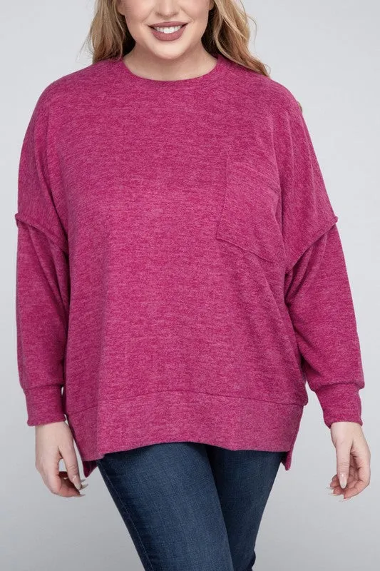 Brushed Melange Drop Shoulder Sweater, Various Colors, Zenana (Plus only)