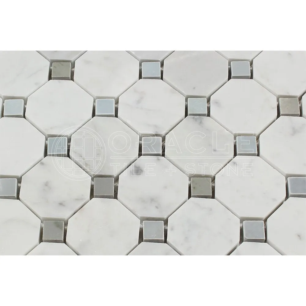 Carrara White Italian (Bianco Carrara) Marble Octagon Mosaic Tile with Blue & Gray Marble Dots, Polished
