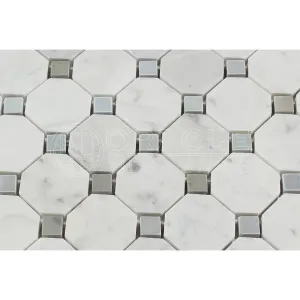 Carrara White Italian (Bianco Carrara) Marble Octagon Mosaic Tile with Blue & Gray Marble Dots, Polished