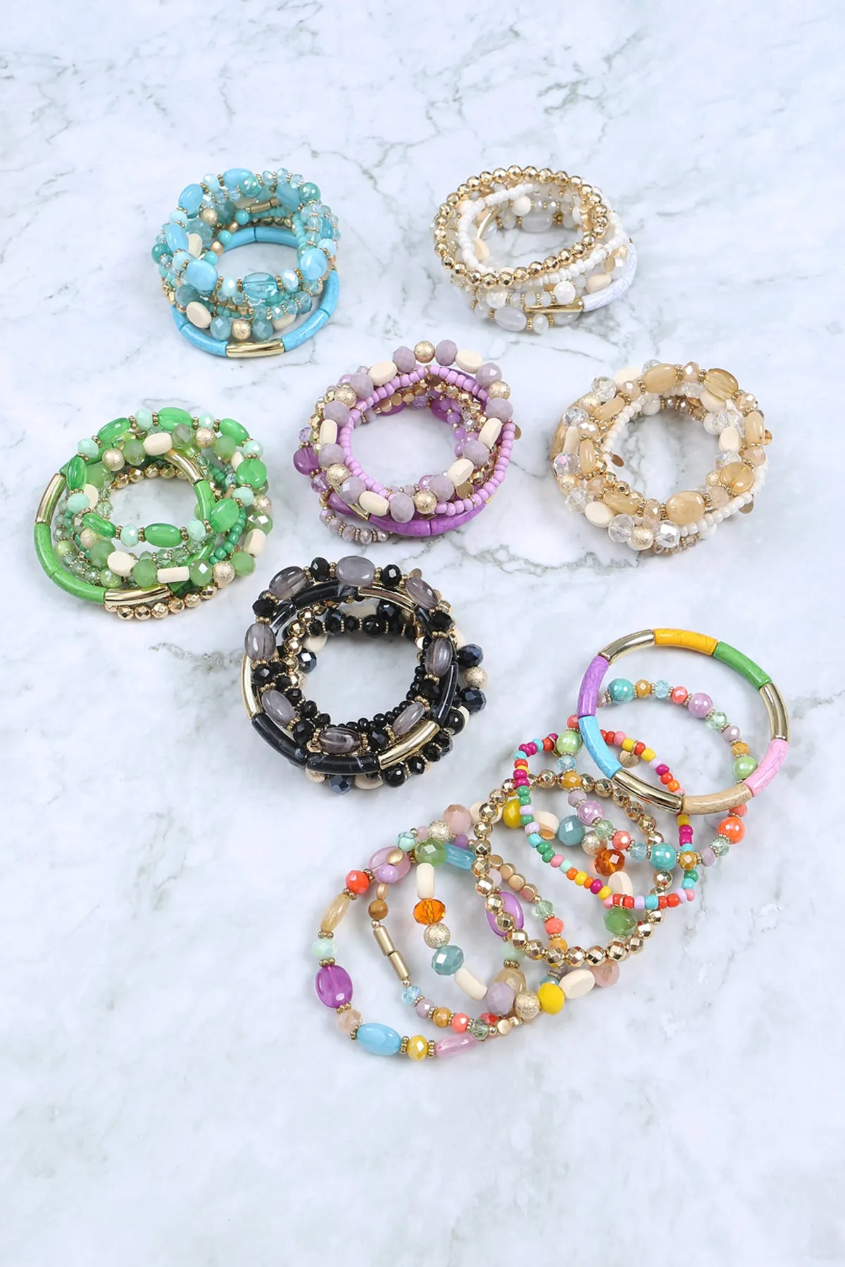 CHARM MIX BEADS GLASS TUBULAR LAYERED VERSATILE BRACELET SET