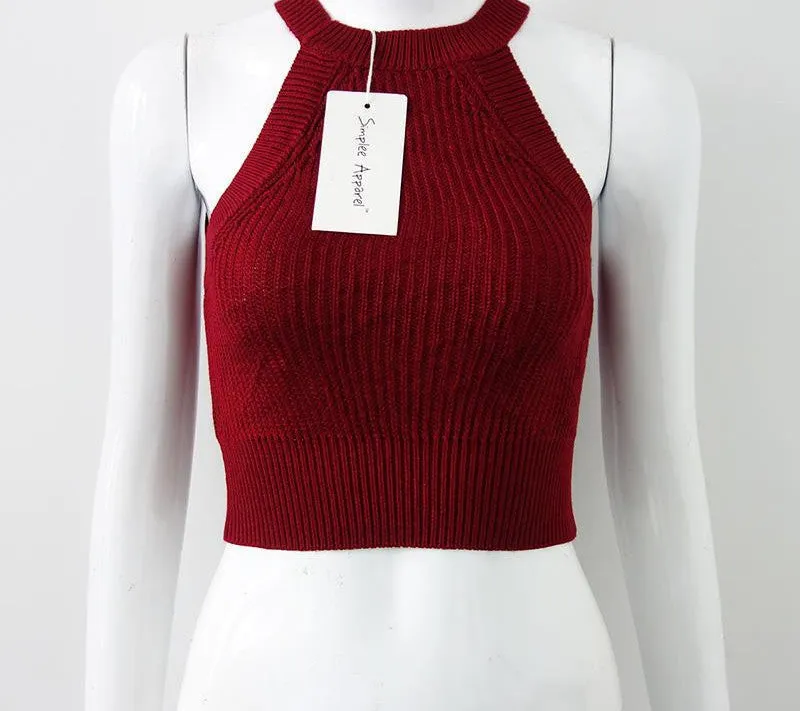 chic knitted halter bustier crop top Women beach sexy white camis Off shoulder elastic tube tank tops knitwear
