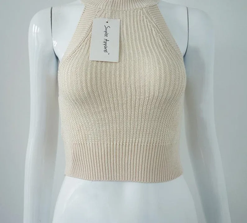 chic knitted halter bustier crop top Women beach sexy white camis Off shoulder elastic tube tank tops knitwear