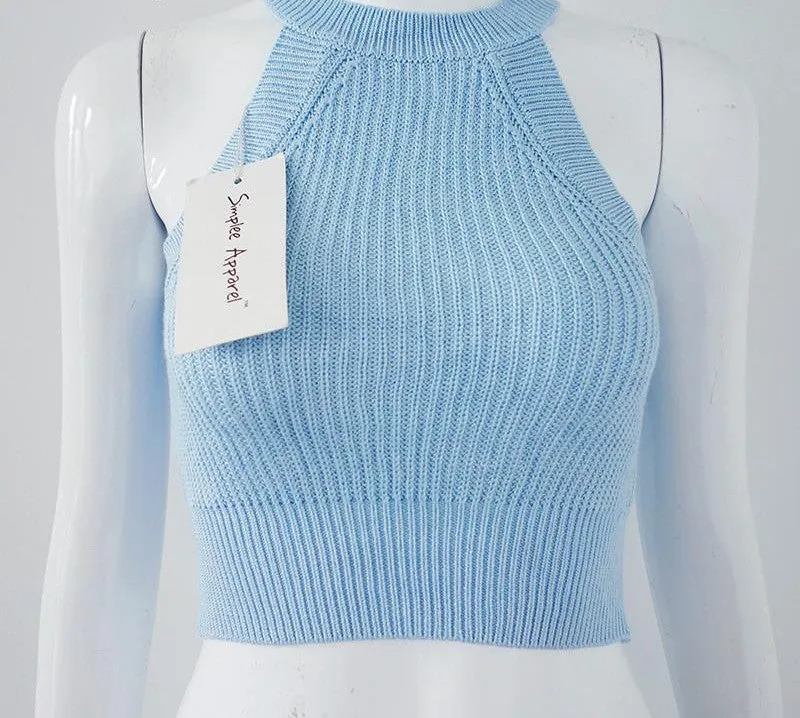 chic knitted halter bustier crop top Women beach sexy white camis Off shoulder elastic tube tank tops knitwear
