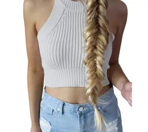 chic knitted halter bustier crop top Women beach sexy white camis Off shoulder elastic tube tank tops knitwear