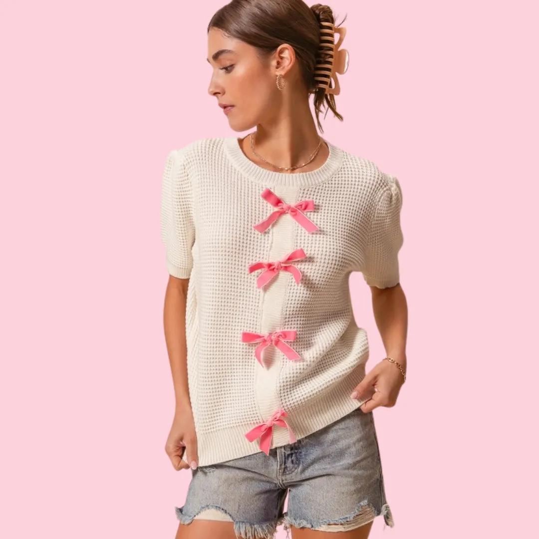 Chic Textured Sweater Knit Top with Elegant Bow Accents